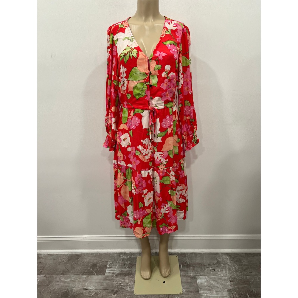 Lands End Dress Red Floral Button Front Midi Dress Long Sleeve Midi Small 6-8